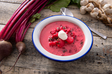Tasty homemade beetroot soup close up