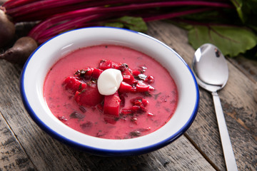 Tasty homemade beetroot soup close up