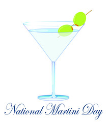 martini cocktail glass with tasty green olives  isolated on white background.  vector illustration. delicious drink with decorations