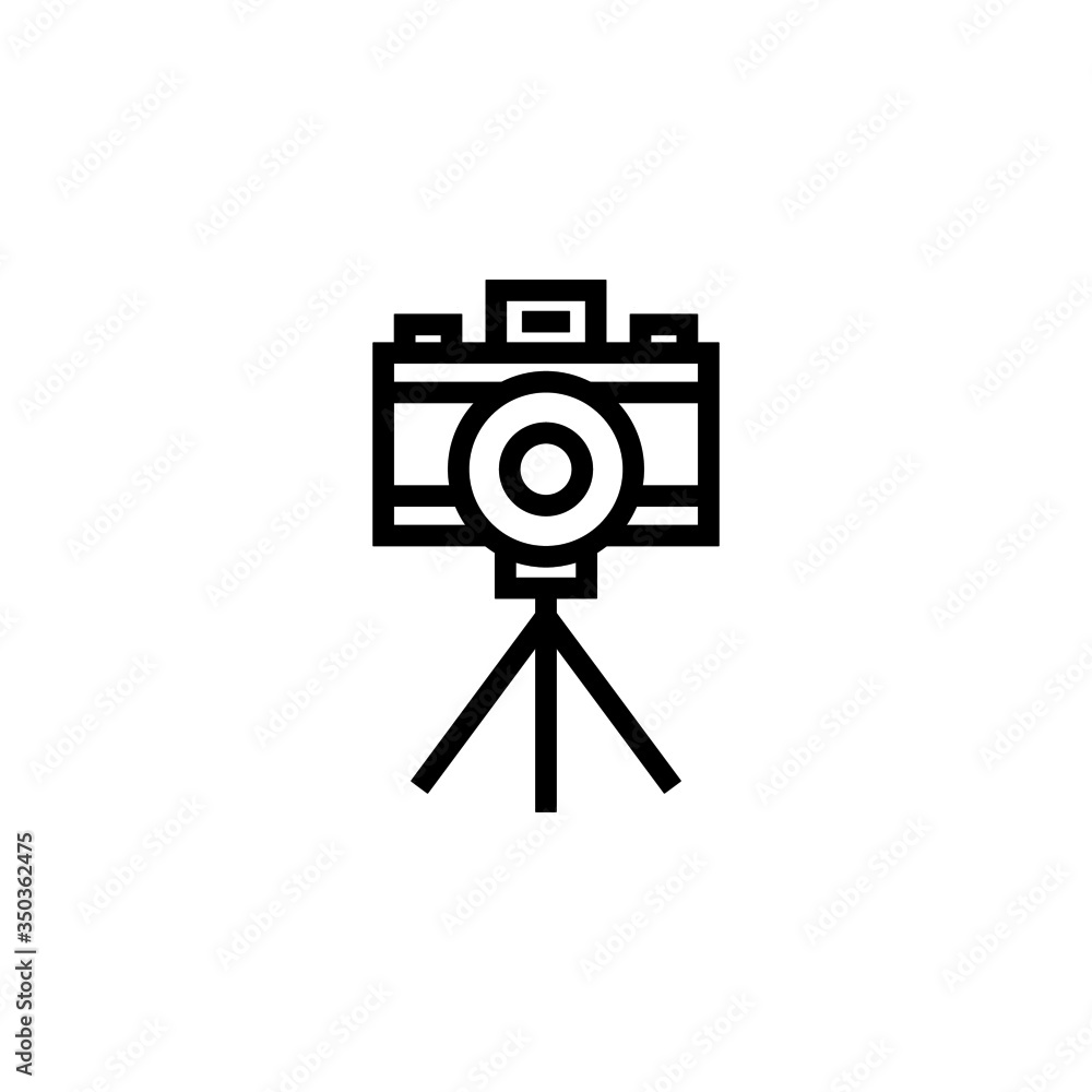 Poster camera stand vector icon in outline, linear style isolated on white background