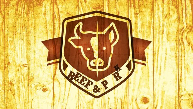 beef and pork meat bbq restaurant concept with classic graphic using cow and pigs heads over wooden texture