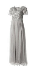 Beautiful long light grey party dress with paillettes on white background