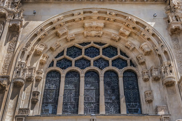 Architectural fragments of Paris Saint-Eustache church (Eglise Saint Eustache, 1532 - 1637). Saint-Eustache church located in Les Halles (market) area of Paris. UNESCO World Heritage Site. France.