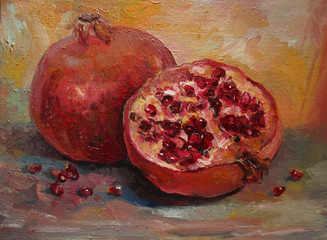 Ripe pomegranates on the golden background, oil painting