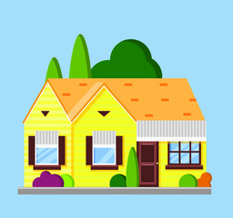 Vector illustration one floor brick house with garden around. Flat design.