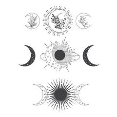 Hand Drawn Moon and Sun Logo Collection. Abstract Magic Vector Set.
