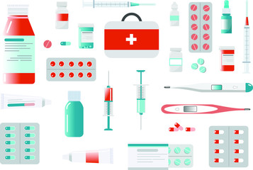 pharmacy set of a lot of medicines vector flat illustration