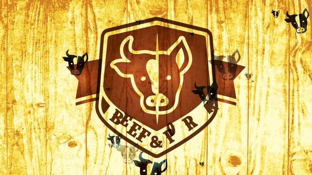 cattle and meat meat bbq tavern concept with classic graphical using beef and piglet heads over wooden texture