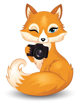Cute fox holding a camera. Isolated on white.