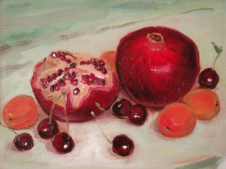 Ripe pomegranates with apricots and cherries, oil painting