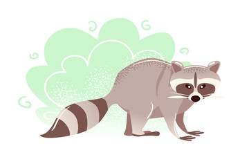 Racoon trendy flat card on white background. Raccoon in green bushes nature vector illustration. Cute children print. American animal colorful banner, postcard. Cartoon Zoo art isolated