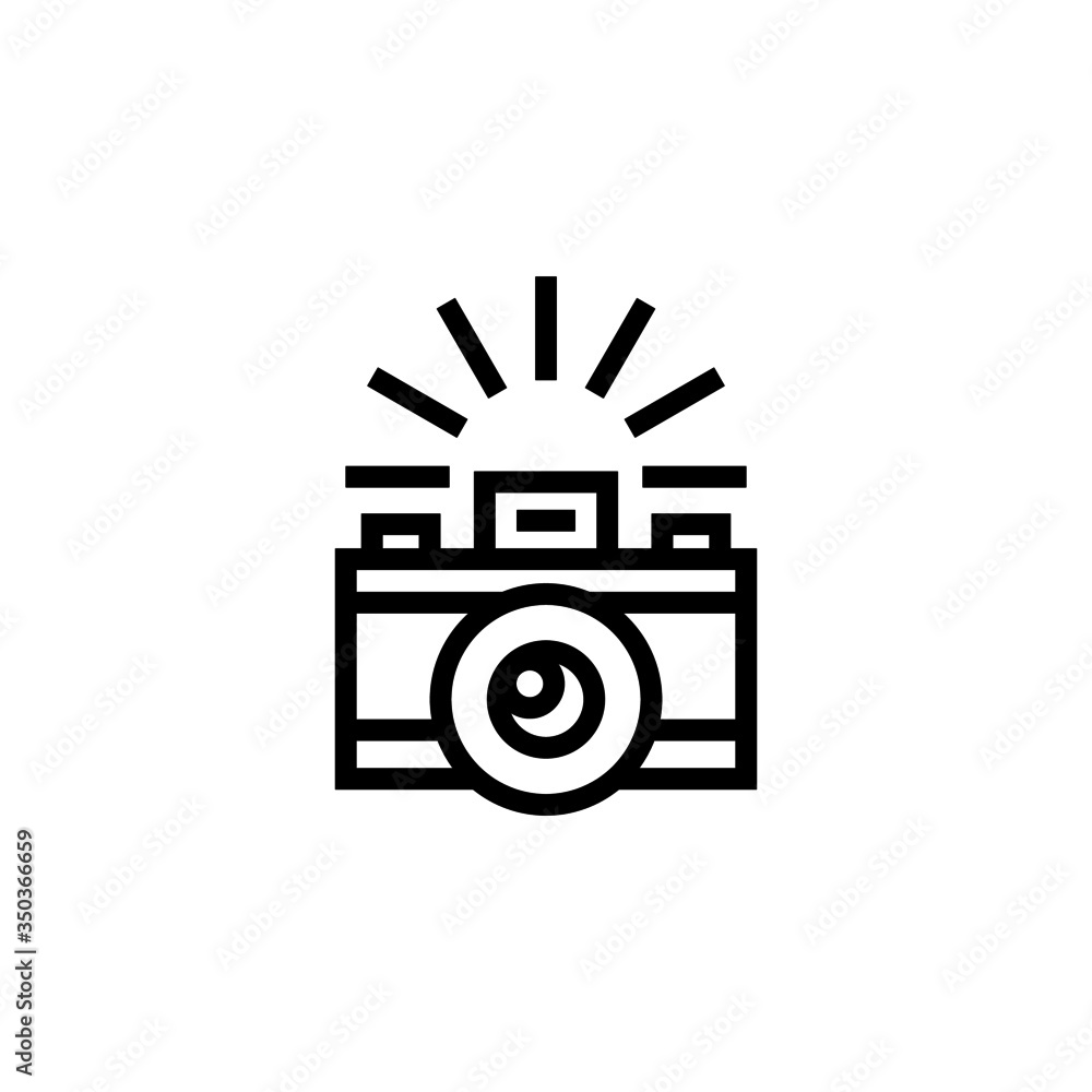 Poster photo camera with flash vector icon in outline, linear style isolated on white background