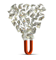Red horseshoe magnet attracting money on white background