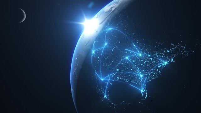 Earth connection in the United States from orbit. 3D planet earth animation with a white transition at the end. 