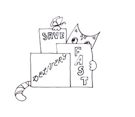 a graphic drawing of a striped cat in a medical mask sits with boxes. on the boxes it is written - delivery, safe, fast