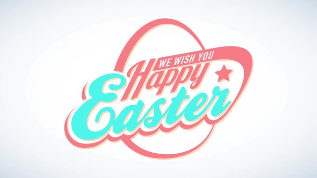 we wish you happy easter ad with 80s futuristic style with an abstract egg graphic connected to ol fashioned typography