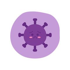 Cute cartoon of sad coronavirus on a purple background. Concept of kill virus.