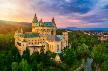 Aerial view of Bojnice medieval castle, UNESCO heritage in Slovakia