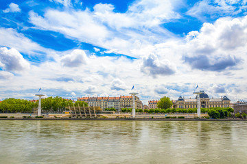 Shore of the Rhone river in center of Lyon city, Auvergne-Rhone-Alpes region, France