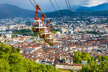 Picturesque aerial view of Grenoble city, Auvergne-Rhone-Alpes region, France. Grenoble-Bastille...