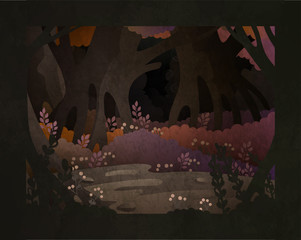 Fairy tale vector illustration. Dark forest background