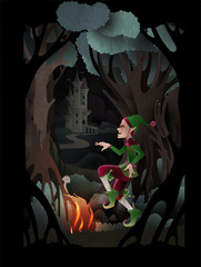 Rumpelstiltskin character dancing near fire in front of dark forest and castle. Fairy tale book cover vector illustration