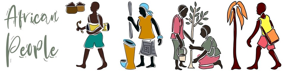 African Illustration to Celebrate Africa Day on 25 May with Traditional People Working in Tradition Roles from African continent.