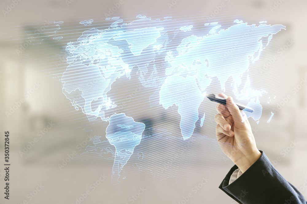 Poster multi exposure of businessman hand with pen working with abstract graphic world map on blurred offic