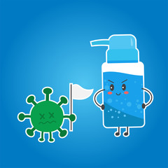 Cute cartoon of happy confidence hand sanitizer gel is standing and hand akimbo looking at coronavirus. green virus is show white flag to the sanitizer gel sign to retreat. Concept of win coronavirus.