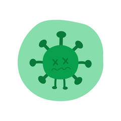 Cute cartoon of dead virus. Green Coronavirus  on green background. Concept of Covid-19. Kill bacteria.