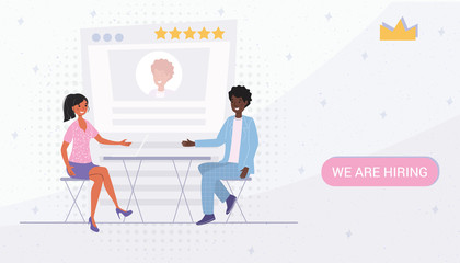 Job interview and employment business meeting and recruitment HR manager and job vacancy concept. Employer and candidate talking at job interview vector illustration. 