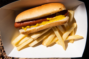 Fresh hot dog with yellow mustard and french fries in cardboard take away box. Snack, fast food.