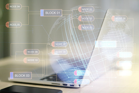 Abstract creative coding concept with world map on modern laptop background. Multiexposure