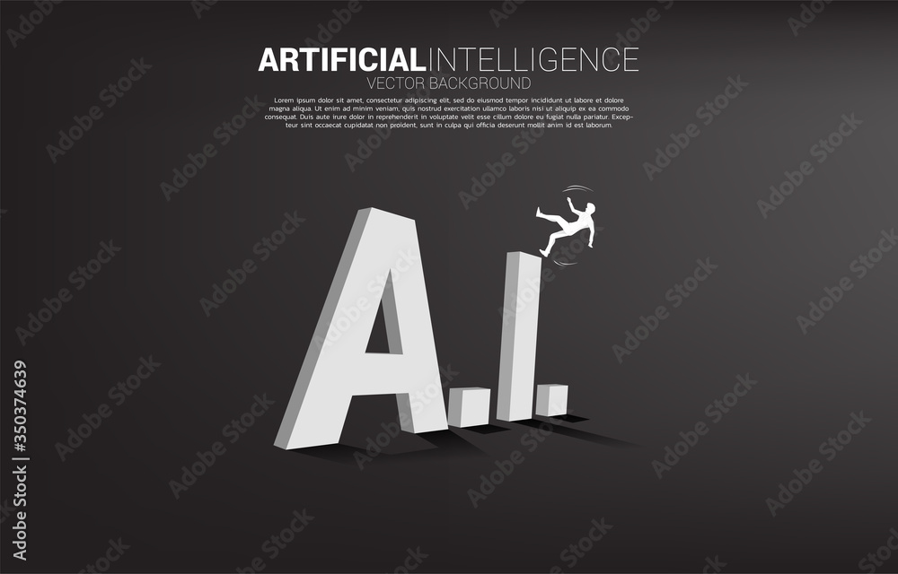Poster Silhouette of businessman falling down from AI text 3D. Business concept for machine learning and a.i artificial intelligence