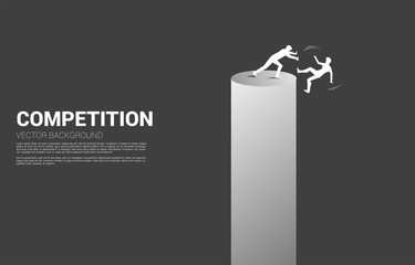 silhouette of businessman push the other falling down from the tower. Concept for business competition and challenger.