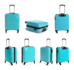 Set of light blue suitcases on white background