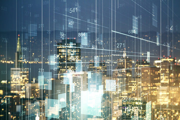 Abstract virtual analytics data spreadsheet on San Francisco cityscape background, analytics and analysis concept. Multiexposure