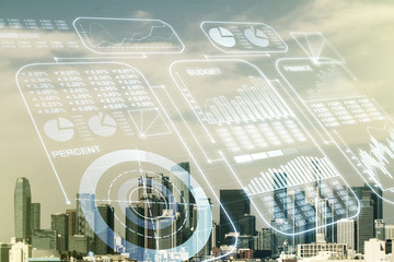 Multi exposure of abstract virtual graphic data spreadsheet sketch on Los Angeles cityscape background, analytics and analysis concept