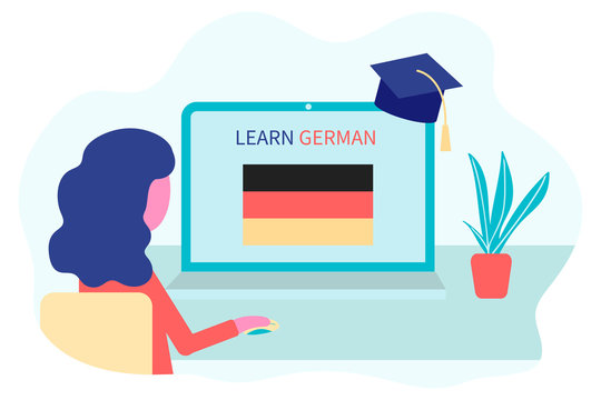 Online German Learning, distance education concept. Language training and courses. Woman student studies foreign languages on a website in a laptop. Vector in flat design.