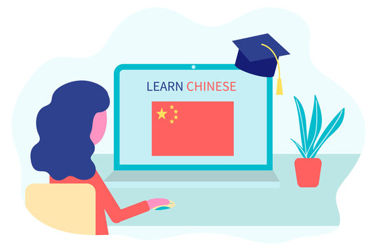 Online Chinese Learning, distance education concept. Language training and courses. Woman student studies foreign languages on a website in a laptop. Vector in flat design.