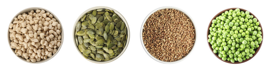 Set with food rich in protein on white background, top view. Banner design