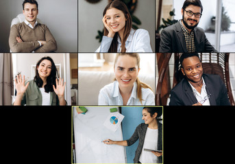 Screen view. Group work of a business team remotely by video conference, colleagues discuss about...