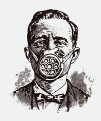 Portrait of man from 19th century wearing antique face mask or respirator