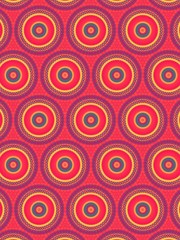 Abstract complex vintage circles background in vibrant colors. Detailed retro illustration. Colorful circles in red, pink, lila and yellow.