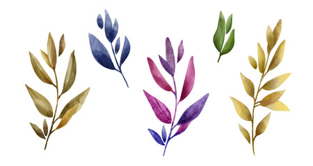 Set of plants hand drawn Watercolor. Collection with green, red, blue, yellow, brown leaves. Autumn, summer and spring seasons.