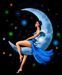 Pretty lady sitting on a moon. Digital illustration