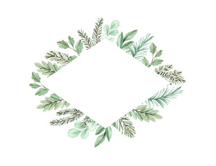 Fototapeta na wymiar Watercolor vector illustration. Botanical frame with eucalyptus, fir branches and leaves. Greenery winter florals. Floral Design elements. Perfect for wedding invitation, card, print, poster, packing