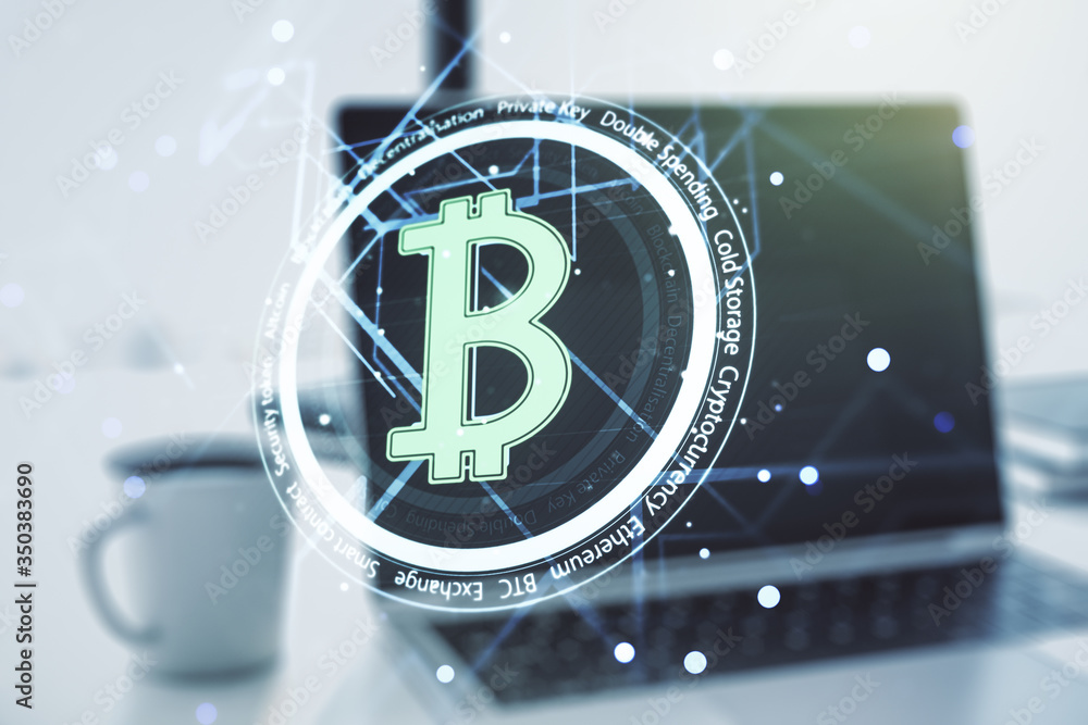 Aufkleber double exposure of creative bitcoin symbol hologram with computer on background. mining and blockcha
