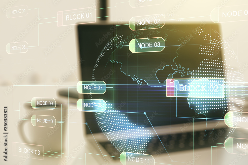 Poster abstract creative coding concept with world map on modern laptop background. multiexposure
