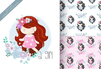 cute little girls and beautiful flowers with seamless patterns